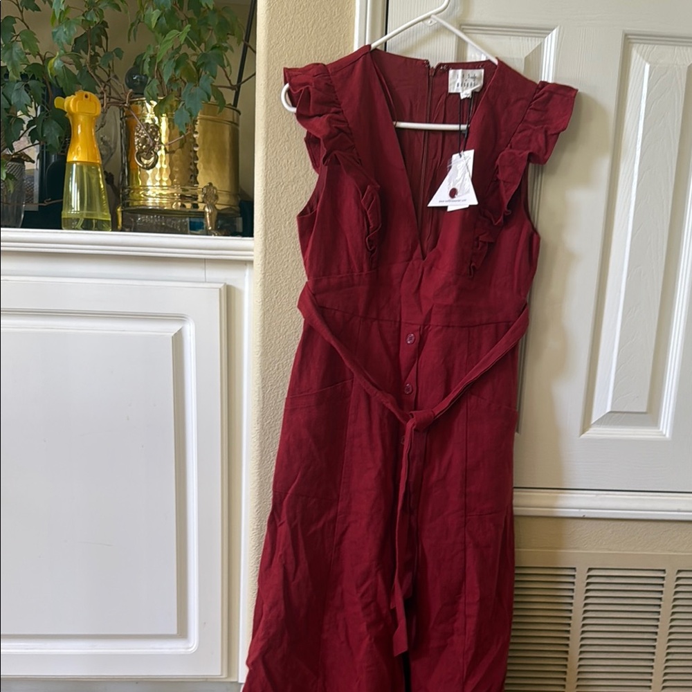 Lost + Wander Burgundy Linen Maxi Dress with Ruffled Neckline and front pockets